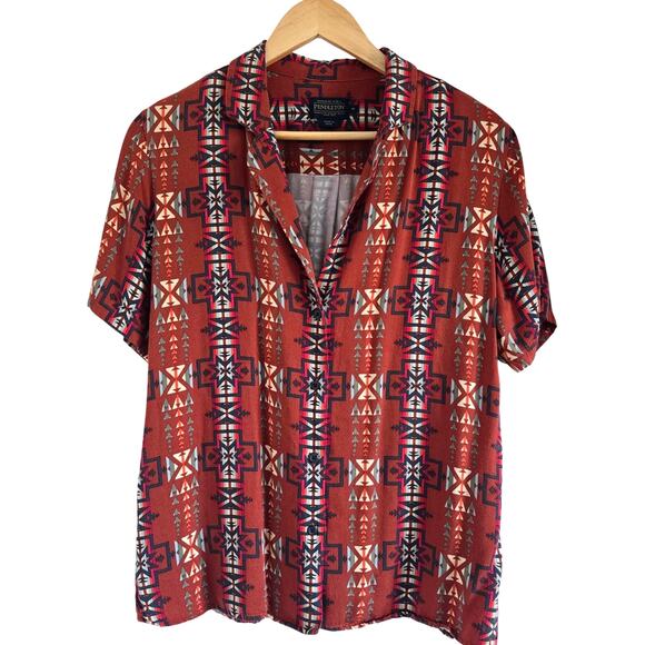 Pendleton Women's Aztec Short Sleeve Button Up Shirt Red Size M Rayon Western - Picture 1 of 7